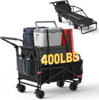 LEVELEVE Heavy Duty Folding Wagon - 2-in-1 Collapsible Cart, 400lb Capacity, All-Terrain Wheels w/Brakes & Side Pockets