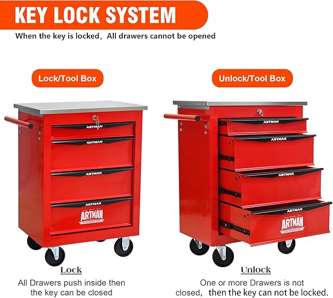 4 Drawers Tool Cart on Wheels with Stainless Steel Worktop, Heavy Duty Mobile Rolling Drawer Tool Chest with Locking Wheels & Lockable Drawers, Garage Tool Storage Cabinet (Red, 4 Drawers)