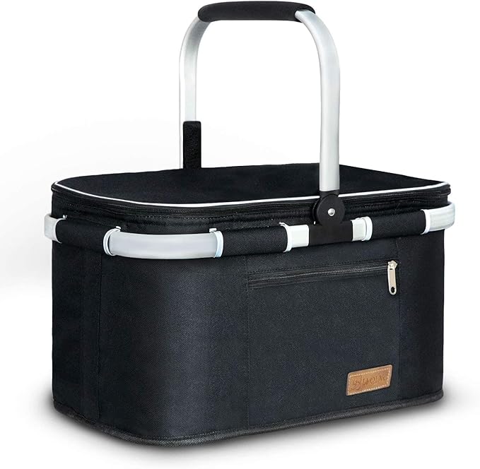 LIQING 35L Large Picnic Basket 2 Layers of Internal Pockets Leak-Proof and Insulated ，Folding with Internal Support for enhansed Stability, Wedding Gifts for Couple(Black)
