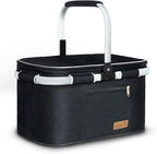 LIQING 35L Large Picnic Basket 2 Layers of Internal Pockets Leak-Proof and Insulated ，Folding with Internal Support for enhansed Stability, Wedding Gifts for Couple(Black)