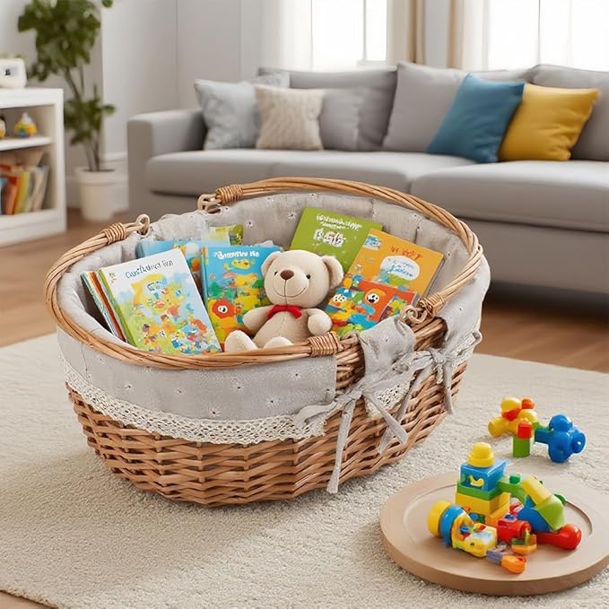 Large Wicker Picnic Basket with Handles,Handle Sturdy Woven Body with Removable and Washable Lining,Outdoor Camping,Gift Packing,Garden Picking, Storage.White Flower
