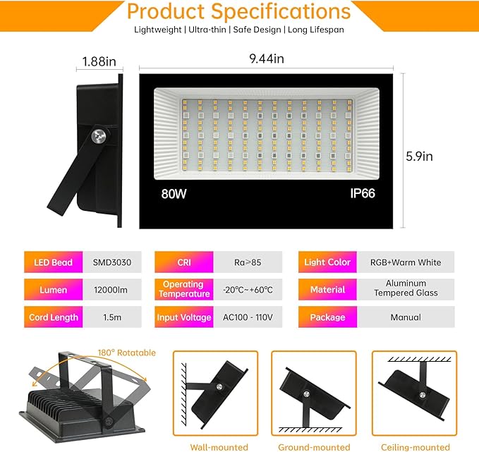 Remon LED Flood Light Outdoor 800W Equivalent 8000LM Smart RGB Landscape Lighting with APP Control, DIY Scenes - Timing - Warm White 2700K - Color Changing Uplight, IP66 Waterproof, 43 Modes (2 Pack)