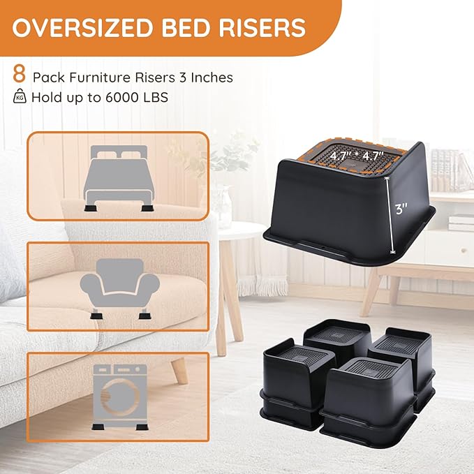 Bed Risers, Oversized Furniture Risers, 3 inch Raise Blocks for Bed Couch Desk Sofa Table Lifts, Furniture Legs Lifters Support up to 6000 Lbs (Black, 8 Pack Set)