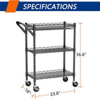 3 Tier Heavy Duty Rolling Utility Cart,18" D x 23.8" W x 36.6" H Rolling Carts with Wheels,Commercial Grade Metal with Handle Bar & Shelf Liner,Trolley Serving Storage Cart for Kitchen Black