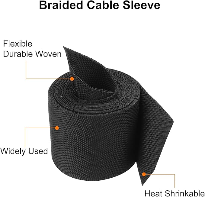 MECCANIXITY Braided Cable Sleeves Heat Shrinkable Fabric Sleeving, 2" 10ft Black 2:1 Ratio Heat Shrinkable Cord Protector for Harness Cable, Network Cable Protection, Cable Management