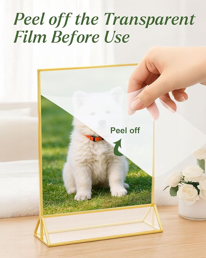 24 Pack 5x7 Gold Acrylic Sign Holders, Double Sided Picture Frame Stands, Clear Table Menu Holder Display Stand for Wedding Table Numbers, Restaurant Signs, Party, Office Photos