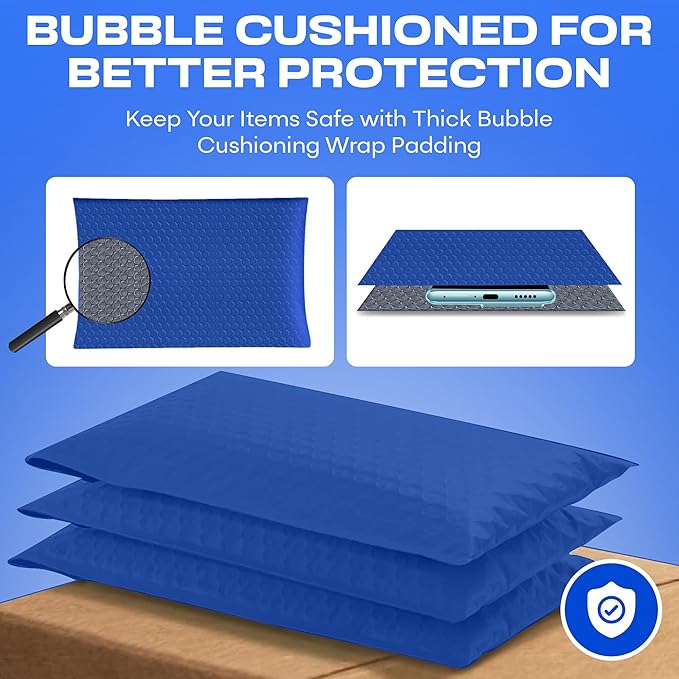 Royal Blue Large Poly Bubble Mailers 9.5x14.5 inch #4 | Self Seal Padded Envelopes Cushioned Bubble Mailer | Usable Size 9.5x13.5 | WaterProof | Lightweight mailing Shipping Bags | 100 Pack Bulk