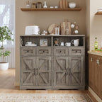 Farmhouse Storage Cabinet with Barn Doors and Open Shelf, Kitchen Pantry with Storage, Coffee Bar Station, Freestanding Cupboard Hutch Cabinet for Kitchen, Dinning Room, Livingroom, Grey