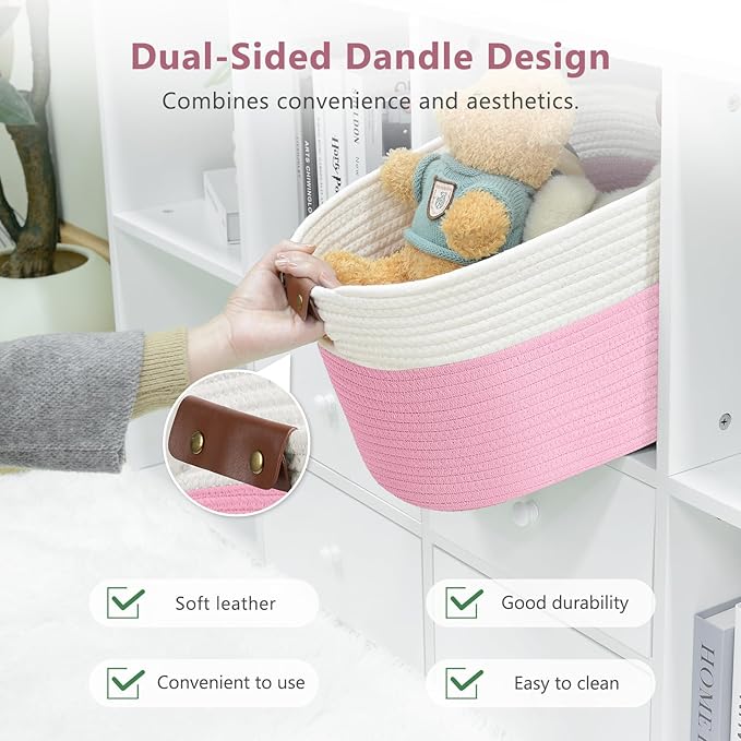 Cotton Rope Basket, Storage Baskets with Handle, 15x10x9 Inch Woven Basket for Shelves, Laundry, Towels, Clothes, Books (White/Pink 1Pack)
