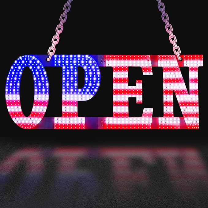 30"x10" Large LED Open Sign for Business - Unique Design super Bright Open Signs With chain - High Visibility for Stores, Bar, Hotel, Retail Shops,Window, Salon, Restaurant, Office (American Flag, 30x10)
