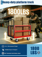 Platform Truck Cart with Cage, 6-in-1 Multi-Purpose Flatbed Cart, Foldable Hand Truck Load 1800LBS with 4 Wheels Push Dolly for Grocery, Laundry, Garage, Warehouse (Red+Black)