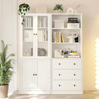 TUSY 71" H Bookshelf Bookcase with Doors, 3-Tier Modern Bookshelves with 3 Large Drawer, Display Bookcase with Glass Doors, Modern 5-Tier Curio Cabinet for Home Office, Dining Room (White, AB)
