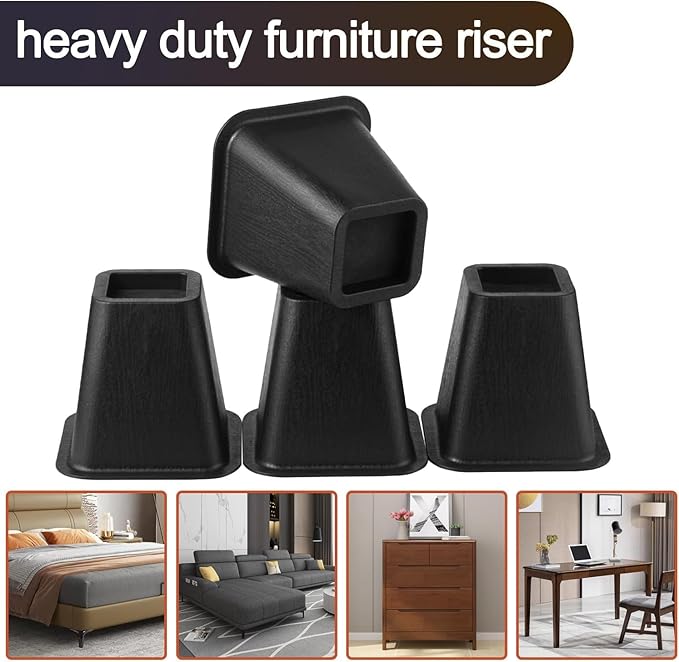 Bed Riser/Furniture Lift Bed/Bed risers/Furniture Lifter/Table risers/Frame Risers Create Under Bed Storage Heavy Duty for Furniture Height Adjustment (Black 4 Pack, 6 Inch)