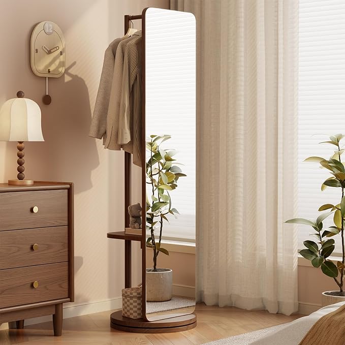 WoodsWhisper Full Length Mirror Coat Rack Solid Wood Floor Mirror 70"x16" Full Length Mirror with Stand Long Mirrors for Bedroom,Living Room