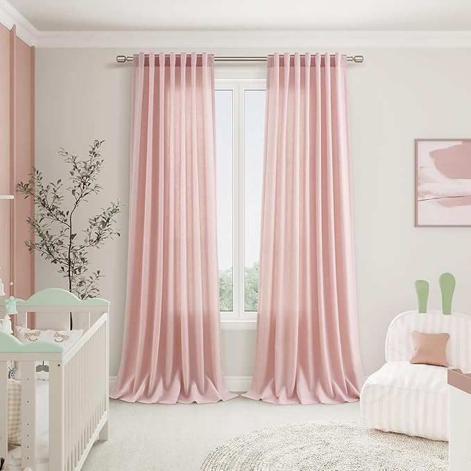Extra Long Pink Linen Curtains 120 Inch for Kids Bedroom 2 Panels Set Rod Pocket Back Tab Light Filtering Semi Sheer Soft Linen Window Drapes Privacy High Ceiling Drapes for Farmhouse 52x120