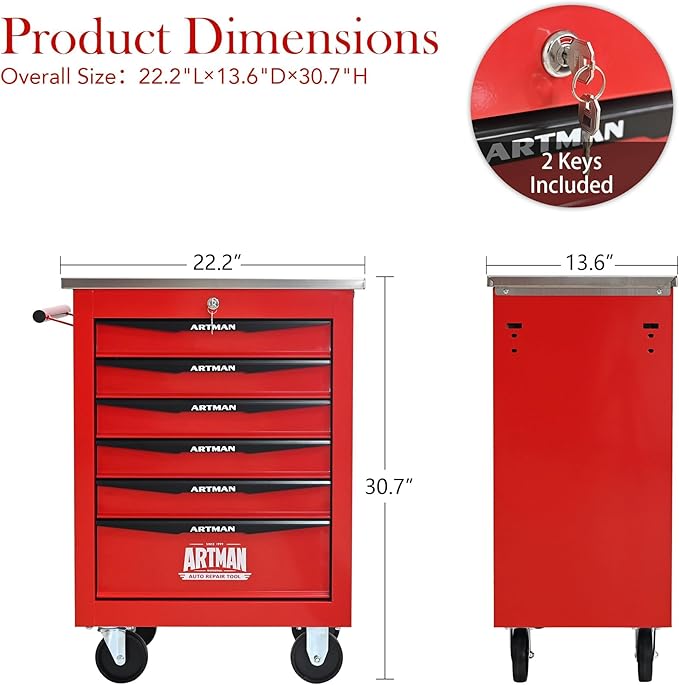 6-Drawer Heavy-Duty Rolling Tool Chest with Wheels & Steel Roof, Lockable Tool Chest Storage Cabinet for Garage, Workshop, Warehouse, and Repair Shop