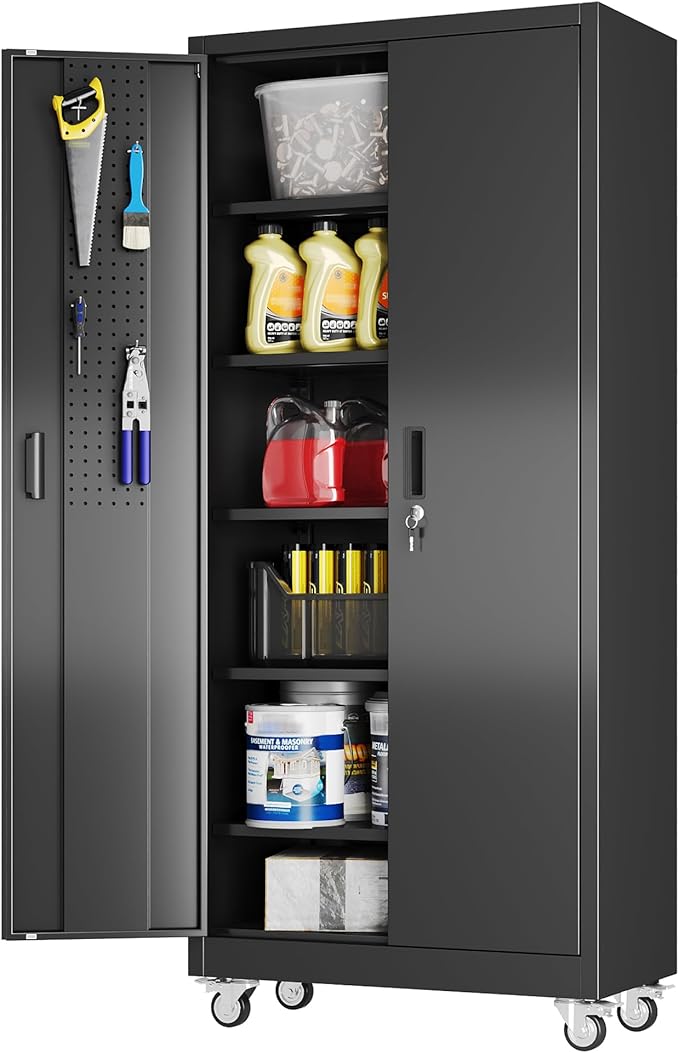 Aobabo Upgrade 71H''*34''W*18''D Metal Garage Storage Cabinet with Wheels and Pegboards, 5 Adjustable Shelves Steel Storage Cabinets for Home,Warehouse,Garage,Black,Assembly Required