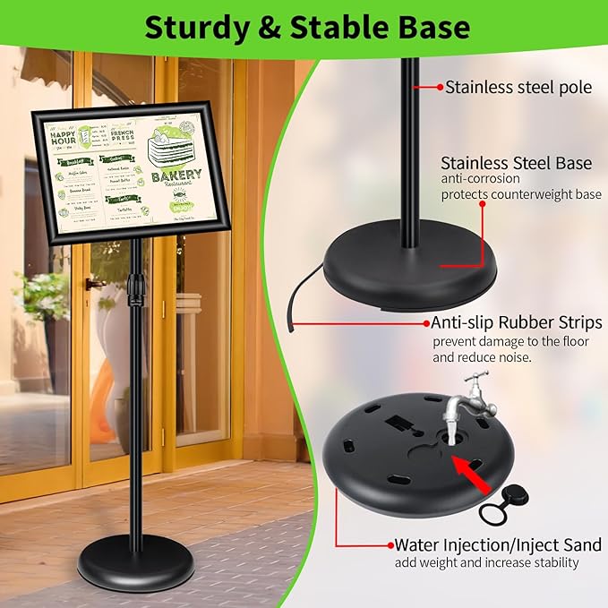 6Pack Adjustable Pedestal Sign Holder - 8.5''x11'', Floor Standing Poster Sign Stand, Aluminum Frame for Vertical/Horizontal View, Outdoor/Indoor Use, Black