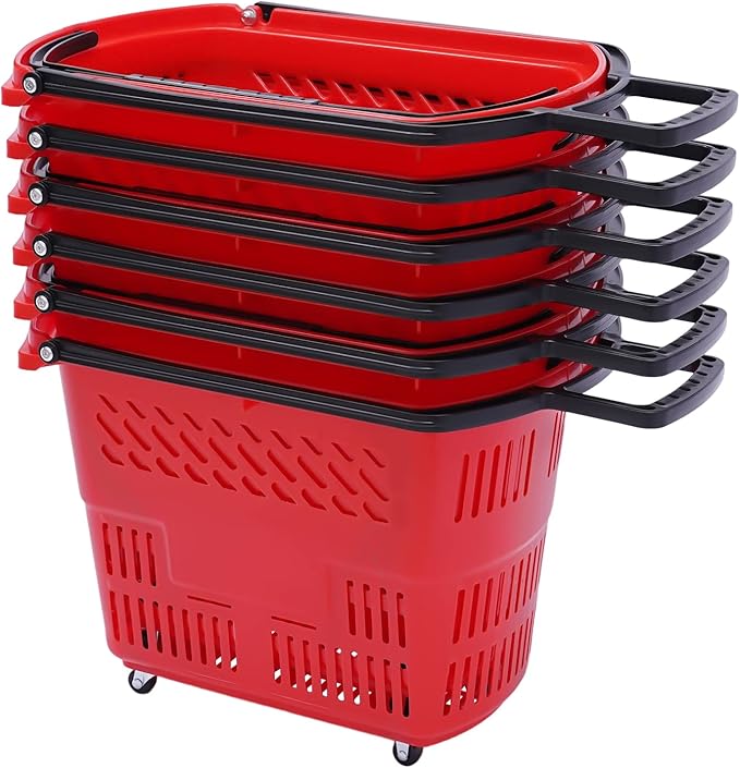 6PCS Plastic Shopping Baskets,35L/9.2Gal Trolley Rolling Shopping Cart Set with Wheels,Grocery Basket with Handles,Portable Utility Cart for Supermarket,Retail Store,Laundry,Fruit Stores (Red)