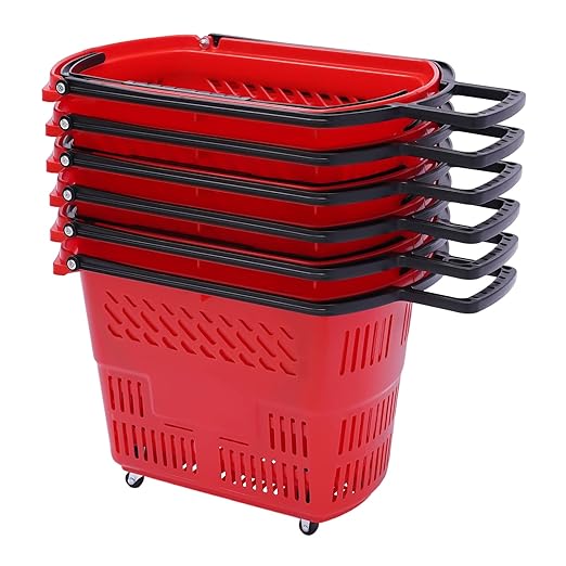 Rolling Shopping Baskets, 6PCS Shopping Carts 35L/9.2gal Plastic Rolling Shopping Basket with Wheels and Handle for Carrying and Storing Clothing Groceries (Red)