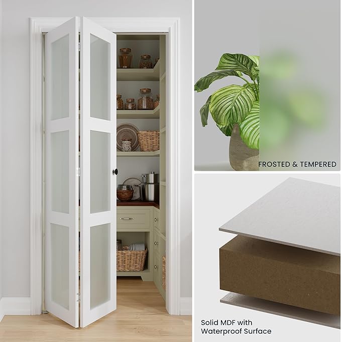 Bifold Doors for 60" x 80" Opening, 3-lite Tempered Frosted Glass Closet Folding Doors with Hardware kit Included, Easy Assembly, White