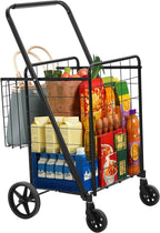 YITAHOME Jumbo Folding Shopping Cart with Wheels, Double Basket Grocery Cart, Collapsible Utility Cart for Laundry, Storage & Organizing (Portable & Space-Saving)
