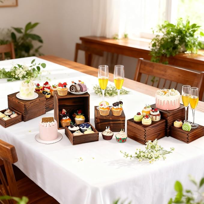 3 Pack Wood Cake Cupcake Stand Buffet Risers, Wooden Display Stand Wood Display Riser, Square Food Display Risers for Party Wedding Birthday Home (6" 7" 8")