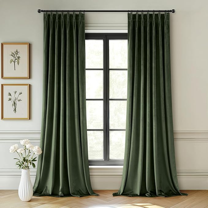 MIULEE Olive Green Velvet Curtains 102 inches Long, Pinch Pleated Blackout Drapes with Hooks, Thermal Insulated Pinch Pleat Panels for Bedroom Living Room, 2 Panels