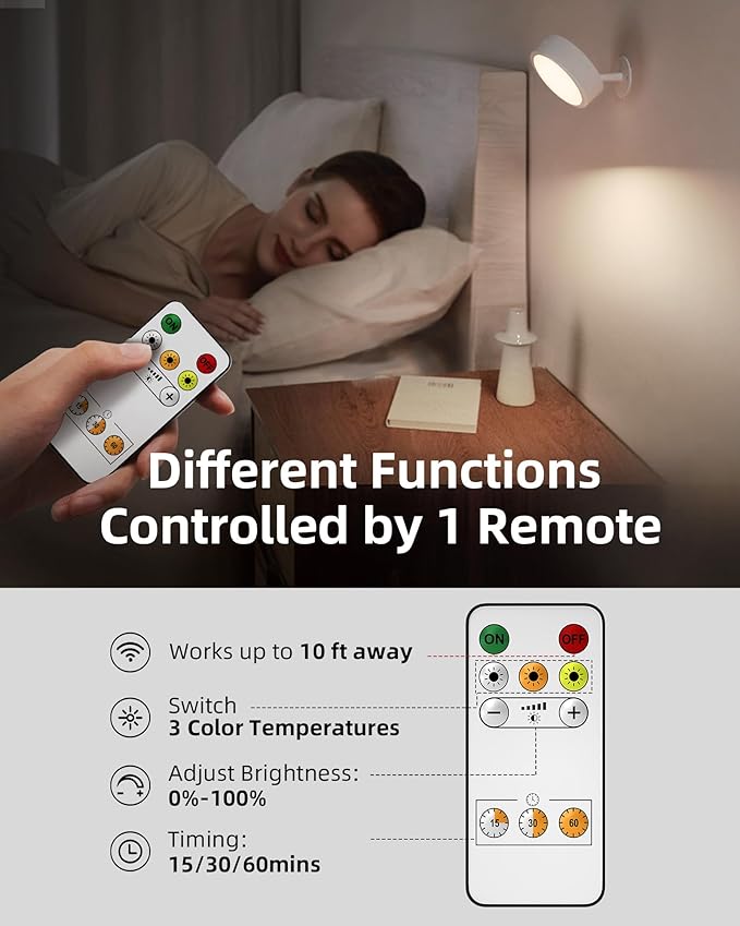 EZVALO LED Wall Mounted Lights, 5500mAh Rechargeable Wall Light Wall Sconces Lamp, 3 Color Temps & Remote and Touch Control, 360°Rotation Dimmable Cordless for Bedroom Reading Study Bedside (White)