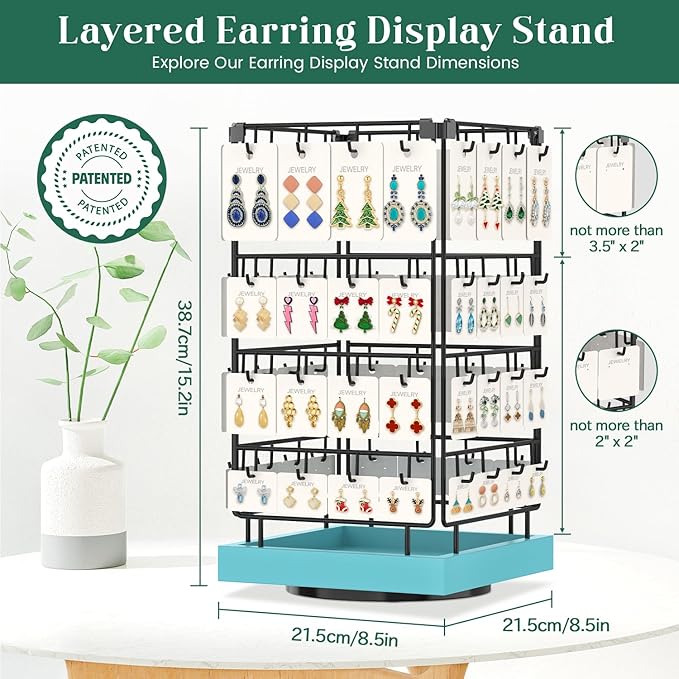 EsLuker.ly Rotating Earring Display Holder Stand for Vendors Events Selling, Large Capacity 64 Hooks Jewelry Rack with Wooden Base for Earring Card Sales, Enhances Retail Visibility (Blue)