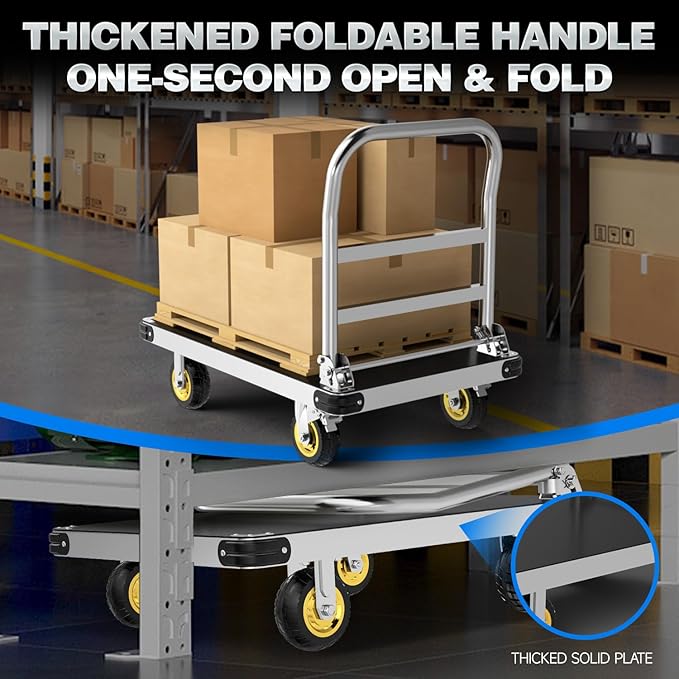 Heavy Duty Platform Truck, 2200 LBS Capacity with Reinforced Bottom Support, 2MM Thick Steel Flatbed with 6'' Swivel Brake Wheels, 36x24 Inch Foldable Push Cart Dolly