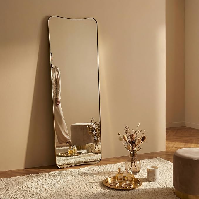 ANDY STAR Full Length Mirror 21" x 64", Gold Decorative Full Body Mirror with Stainless Steel Thin Frame, Italian Curved Edge Design, Wall Mount or Leaning for Bedroom, Cloakroom, Living Room