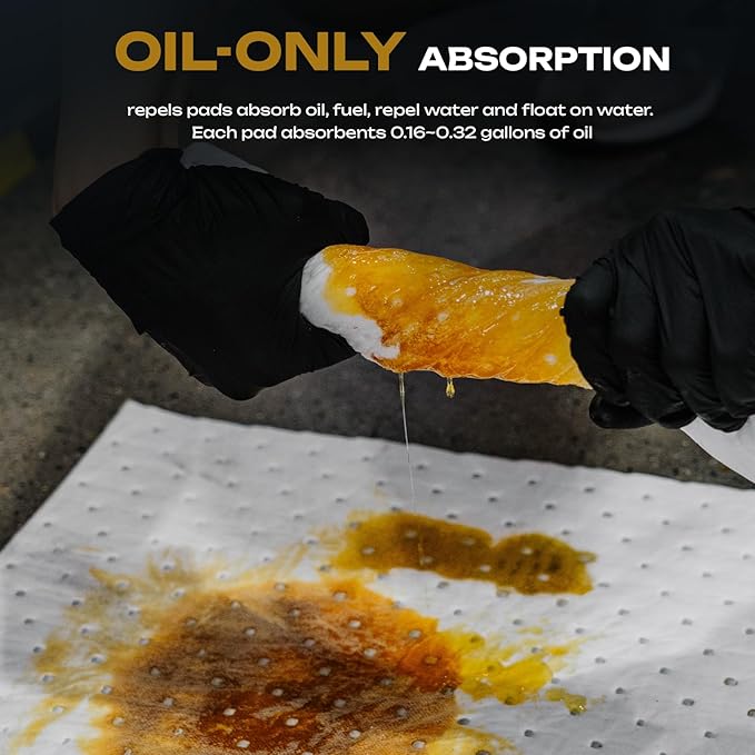 Oil Absorbent Pads | 16"x20" Oil-Only Spill Mat 100-Pack | Industrial Spill Control for Oil & Fuel(24 Gal/Box) | Repels Water Absorbing Sheets