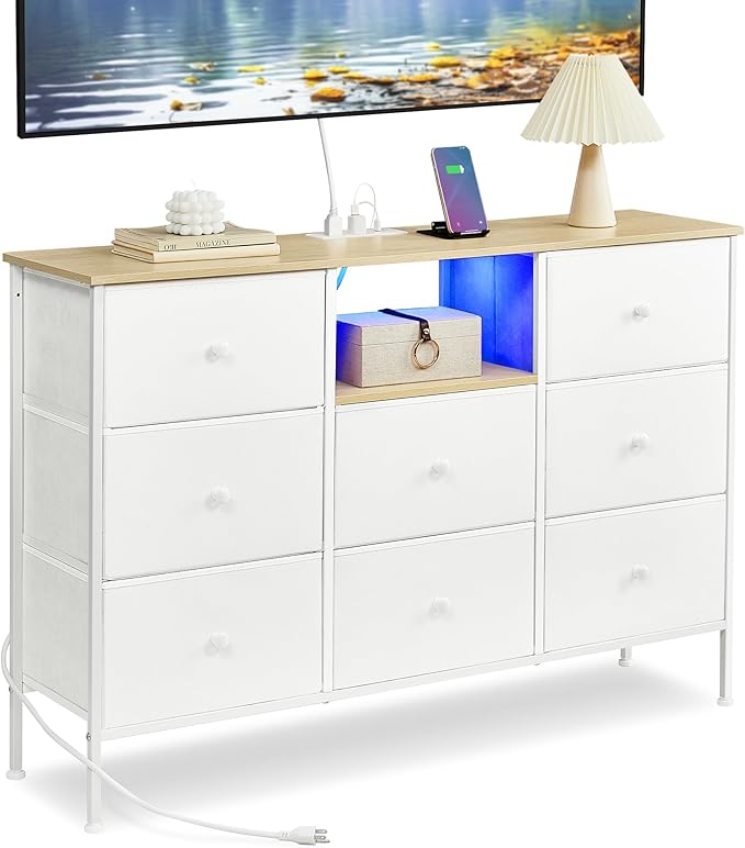 SONGMICS Dresser for Bedroom, Fabric Dresser with Power Outlets and LED Lights, TV Stand for up to 60 Inch TVs, 25 Colors, 11.8 x 47.2 x 31.3 Inches, Cloud White and Oak Beige ULTS518W01