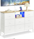 SONGMICS Dresser for Bedroom, Fabric Dresser with Power Outlets and LED Lights, TV Stand for up to 60 Inch TVs, 25 Colors, 11.8 x 47.2 x 31.3 Inches, Cloud White and Oak Beige ULTS518W01