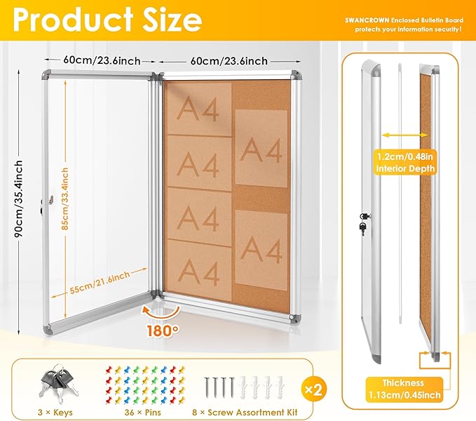SWANCROWN Enclosed Bulletin Board 36x24 in, Tamperproof Lockable Cork Board Wall Display Case for Office School Home, Aluminum Frame, Pack of 2