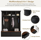 Merax Farmhouse Wood Hall Tree with Bench and Storage Drawers, 4-in-1 Coat Rack with 6 Hooks for Entrance, Hallway Black
