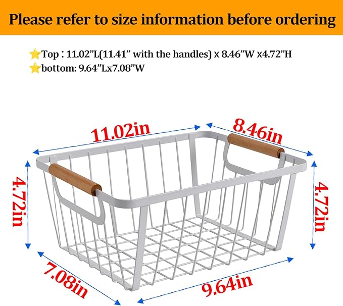 White wire baskets for organizing with Wooden Handle,Metal Wire Storage Baskets Country Vintage Style Snack Baskets. pantry organizers and storage，Kitchen,Bedroom,Bathroom,White,Set of 2