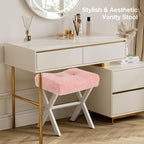 18-Inch Vanity Stool Chair, Vanity Bench with Metal X-Legs, Ottoman Accent Stool with Breathable and Soft Boucle Fabric Saddle Seat, Pink