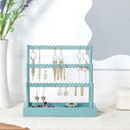 SANY DAYO HOME 3-Tier Earring Holder Organizer Stand, 105 Holes Teal Blue Metal Earring Rack Jewelry Display Tree with Wood Tray for Women and Girls