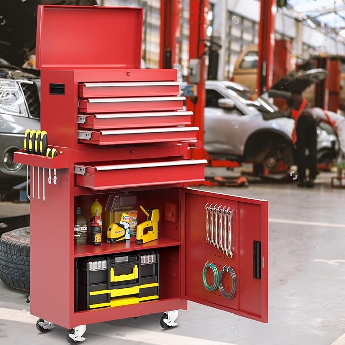 5-Drawer Tool Chest, Rolling Tool Storage Cabinet with Detachable Top Tool Box, Enhanced Packaging, Metal Tool Cart for Garage Workshop, Red