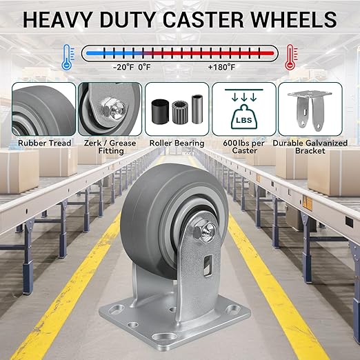 4'' × 2'' Caster Wheel, Heavy Duty Industrial Caster, Rubber Wheels with Roller Bearing, Load 600lbs per Casters for Cart Dolly Toolbox Trolley (1 Rigid)