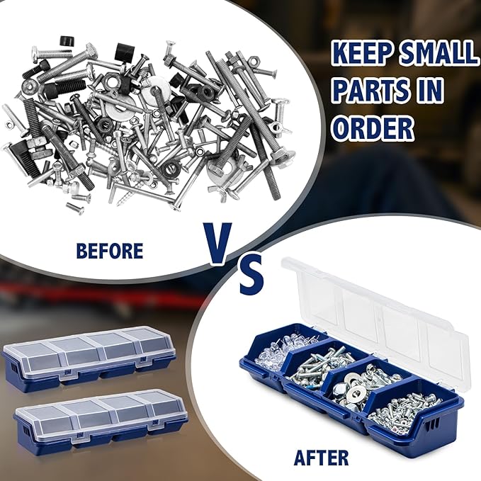 Hushee 4 Pcs Screw Organizer Box with Lid 4 Compartments Tool Bin Divider Plastic Stackable Hardware Organizer Small Part Storage Sorting Screw Box for Garage Workbench Craft Storage (Blue)