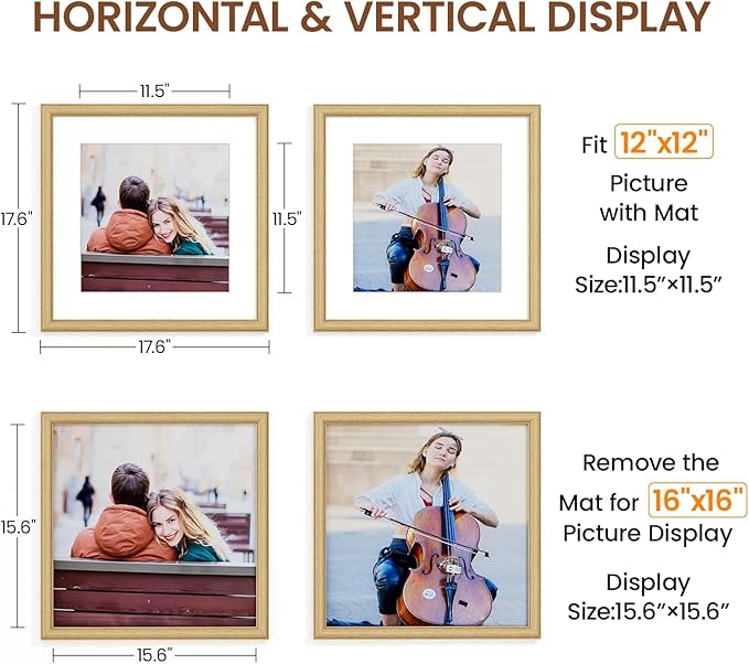 Natural Oak 16x16 Picture Frames Mat to 12x12 Picture Display,Original Wood Handcrafted Poster Frame,Wooden Frame 16x16 with Tempered Glass Graduation Family Wedding Photo Wall Mounted