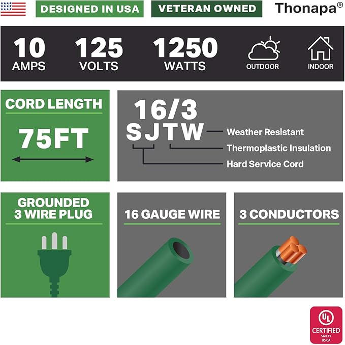 Weatherproof Outdoor Extension Cord 75 ft, 16/3 SJTW 75ft Green Extension Cord 3 Prong, Long for Outdoor Lights & Landscaping, UL Certified - US Veteran Owned
