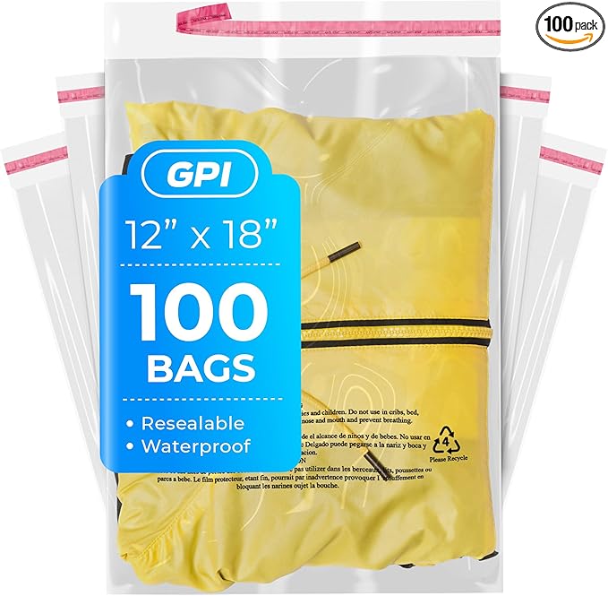 12" x 18" Self Seal Resealable Poly Bags - Case of 100, Peel & Seal Reclosable Polybags with suffoaction Warning and Adhesive Strip for Packaging & Shipping Clothes, Shirts & More - GPI
