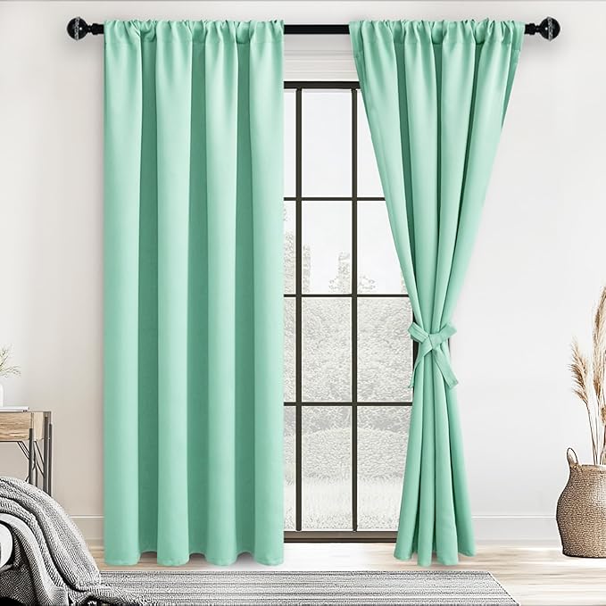 JIUZHEN Blackout Curtains for Bedroom– Thermal Insulated,Noise Reducing Room Darkening Privacy Drapes for Living Room, Set of 2 Panels with Tiebacks, 42 x 84 inch Long, Mint Green