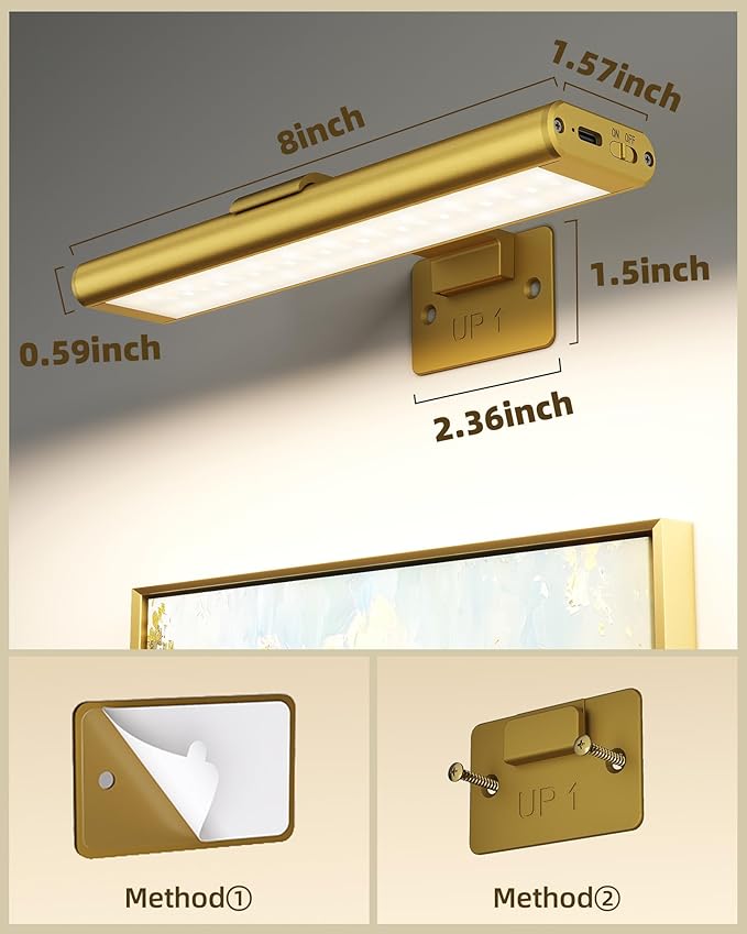 EZVALO Picture Light for Wall, Rechargeable 2400mAh Battery Lights Wireless Remote, 3 Color & Dimmable Magnetic 8'' LED Lights Display for Painting, Living Room, Gallery, Bedroom, Dashboard(Gold-3P)