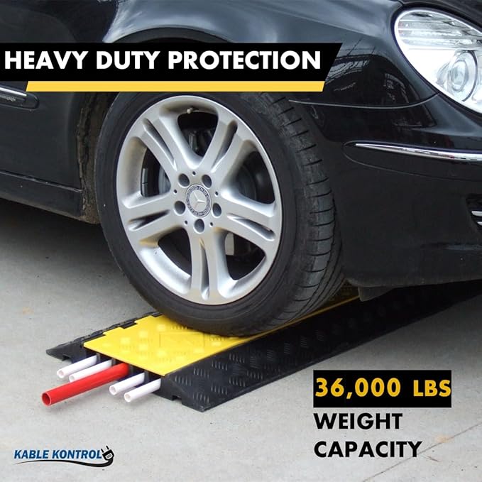 Kable Kontrol Atlas Heavy Duty Cable Protector Ramp - 5 Channel - 1 Pc - 36" Long Black & Yellow - 36,000 Lbs Capacity - Rubber Speed Bump Wire Protector Cord Cover - CP9988