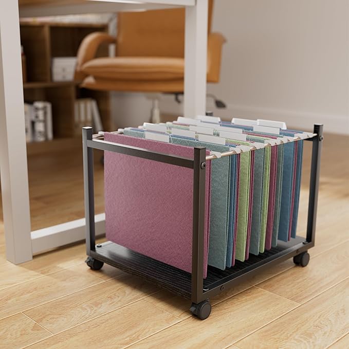 Aquzee Rolling File Cart, Hanging File Folder Organizer, File Storage Under Desk for Home Office, Wooden File Holder Fits for Letter Size, Black
